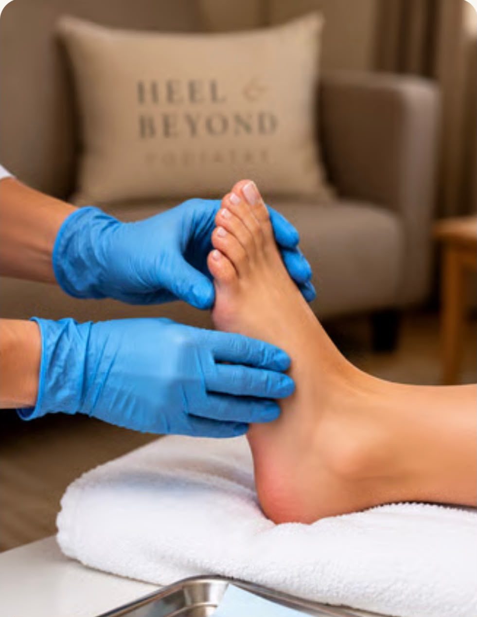 A Heel & Beyond podiatrist in clinical gloves treating a patient's foot during a home visit